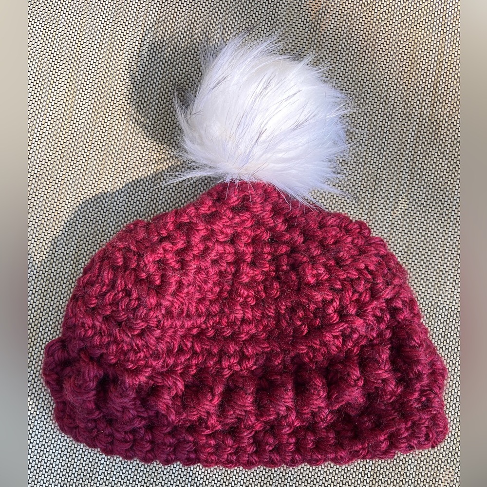 NWT Hand crocheted burgundy hat with pom-pom